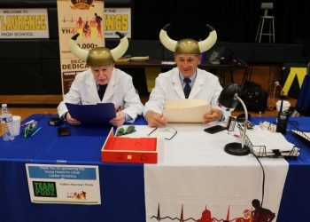 Dr Marek and Dr Sinno having some fun with the school mascot